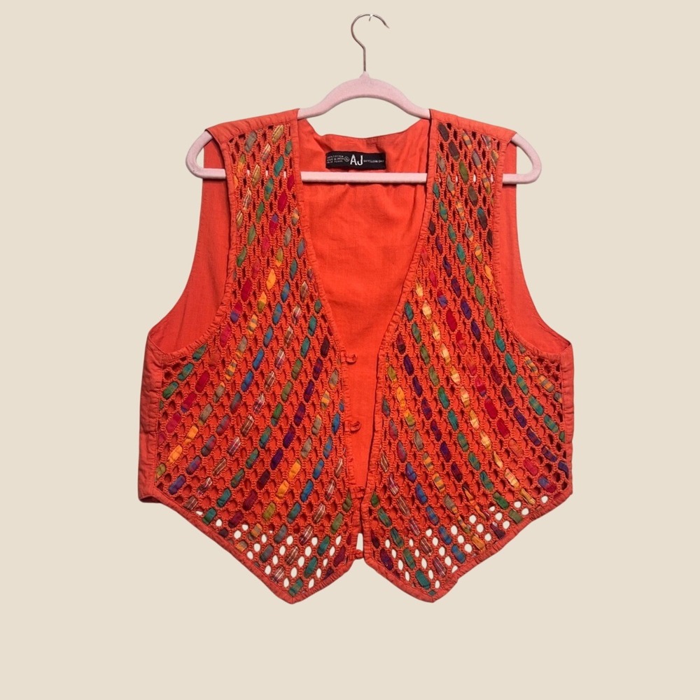 AJ Orange Cotton Boho Festival Vest 90s Whimsigoth Crochet Multi Color XL